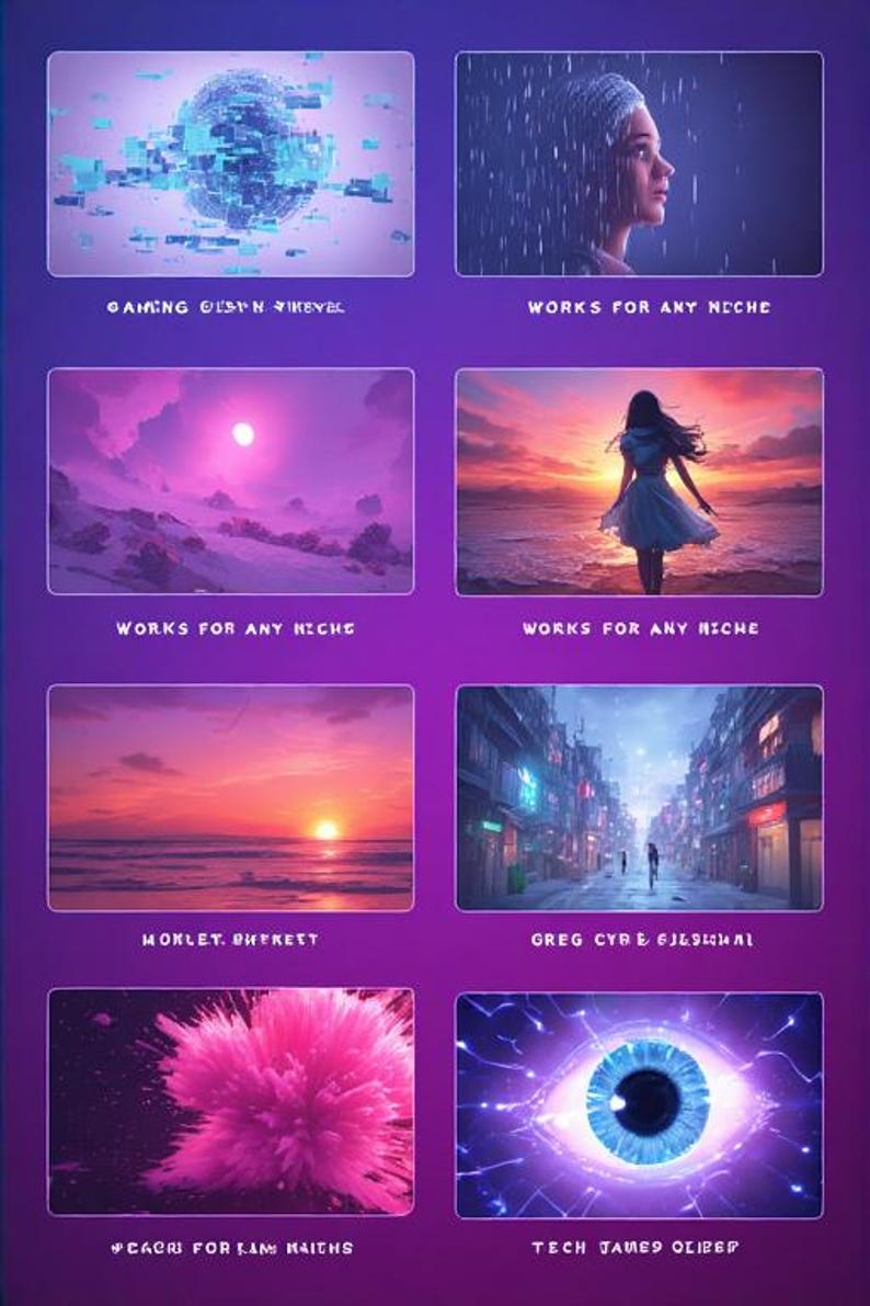 May include: A collection of digital art images with text. The images include a blue digital sphere, a woman in the rain, a landscape with a full moon, a woman on a beach, a sunset over the ocean, a city street, a pink explosion, and a digital eye.