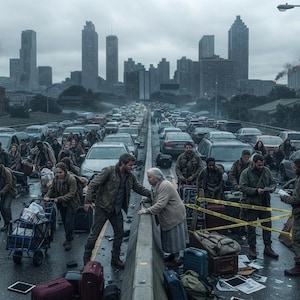 May include: A wide shot of a congested highway filled with abandoned cars and people carrying luggage. A sign on a pole reads: SAFE ZONE - NO POWER - ID REQUIRED and WATER DISTRIBUTION POINT. The city skyline is visible in the background under a grey sky.