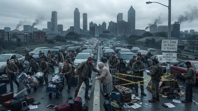 May include: A wide shot of a congested highway filled with abandoned cars and people carrying luggage. A sign on a pole reads: SAFE ZONE - NO POWER - ID REQUIRED and WATER DISTRIBUTION POINT. The city skyline is visible in the background under a grey sky.