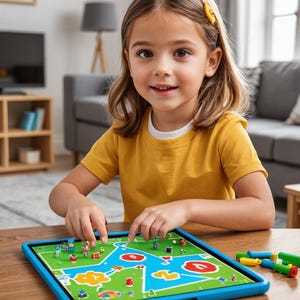 Op de afbeelding: Een kind speelt een bordspel met kleurrijke stukken en een blauw en groen bord. Het bord ligt op een houten tafel.