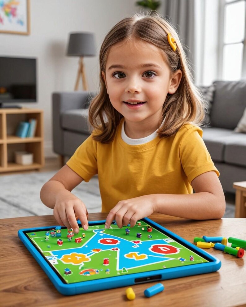 Op de afbeelding: Een kind speelt een bordspel met kleurrijke stukken en een blauw en groen bord. Het bord ligt op een houten tafel.