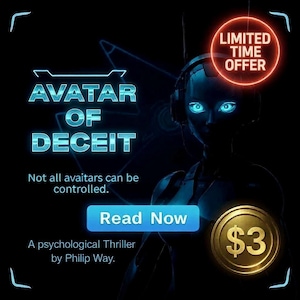 Op de afbeelding: Een digitale kunstafbeelding met een donkerblauwe achtergrond toont de tekst "AVATAR OF DECEIT" en "Read Now". Een robotachtig figuur met gloeiende blauwe ogen is in de afbeelding. Een gouden munt met het nummer "$3" is ook aanwezig. De tekst "LIMITED TIME OFFER" staat in een rode cirkel.