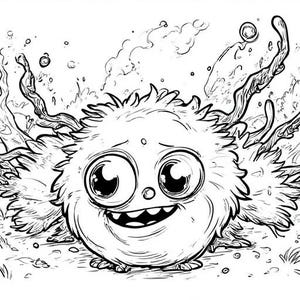 Op de afbeelding: Zwart-wit cartoon illustratie van een pluizig, rond wezen met grote ogen en een brede glimlach. Het wezen wordt omringd door gestileerde waterelementen en gras, wat een grillige sc&egrave;ne cre&euml;ert.