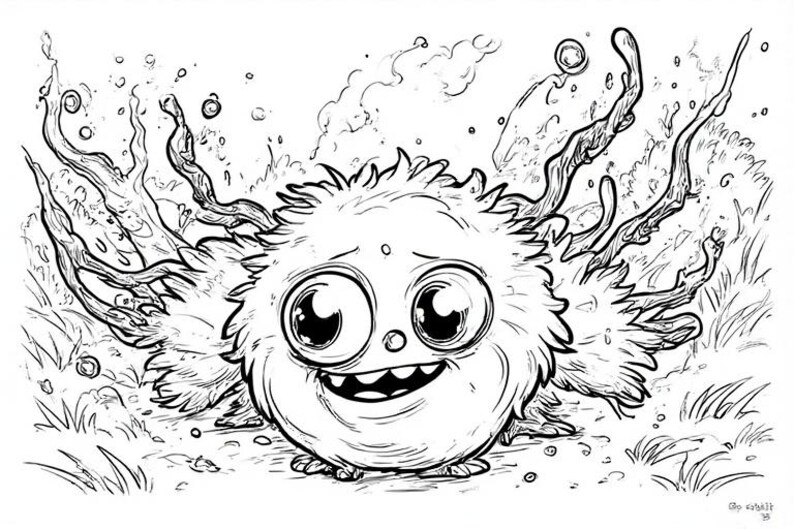 Op de afbeelding: Zwart-wit cartoon illustratie van een pluizig, rond wezen met grote ogen en een brede glimlach. Het wezen wordt omringd door gestileerde waterelementen en gras, wat een grillige sc&egrave;ne cre&euml;ert.
