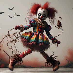 Op de afbeelding: Een griezelige clownpop met rood haar, een wit gezicht en een sinistere glimlach. De pop draagt een kleurrijke jurk, gestreepte sokken en bruine laarzen. Vleermuizen vliegen op de achtergrond en de pop is omgeven door wijnstokken, wat een spookachtig Halloween-thema creëert.