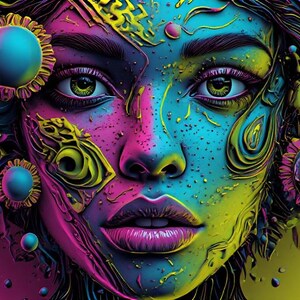 May include: A colourful digital artwork portrait of a face, with a striking mix of colours. The artwork displays a fusion of pink, blue, yellow, and green hues, with intricate details and floral-like embellishments around the face. The eyes are a focal point, with a captivating gaze.