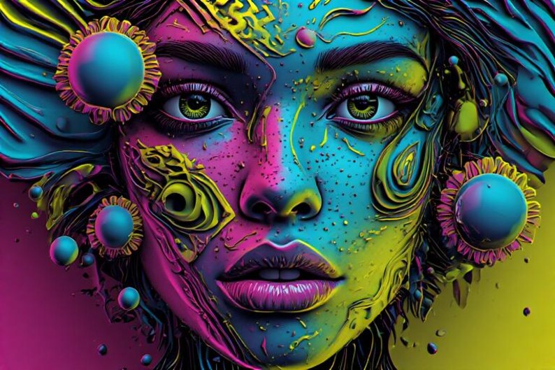 May include: A colourful digital artwork portrait of a face, with a striking mix of colours. The artwork displays a fusion of pink, blue, yellow, and green hues, with intricate details and floral-like embellishments around the face. The eyes are a focal point, with a captivating gaze.
