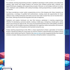 Pode incluir: Um documento branco intitulado Why Learn Programming? com texto preto sobre os benef&iacute;cios de aprender a programar para estudantes, pessoas em transi&ccedil;&atilde;o de carreira e crian&ccedil;as, exibido em uma tela com fundo de blocos coloridos.