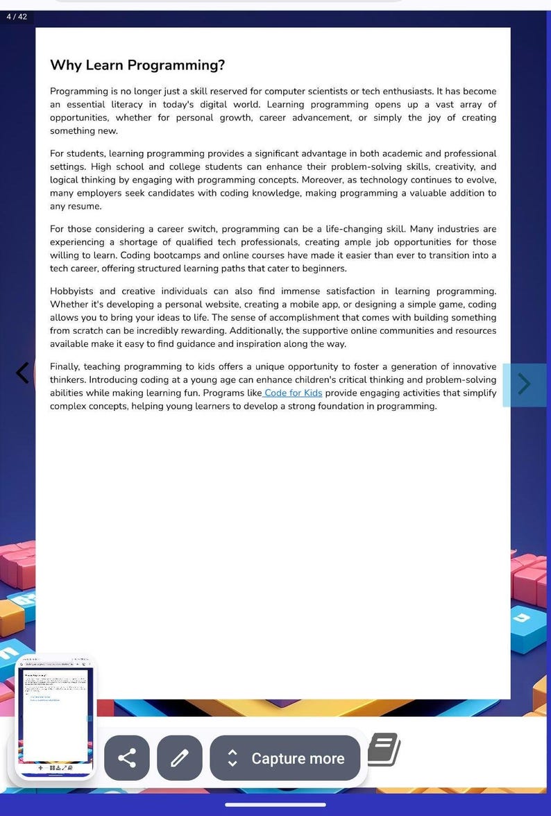 Pode incluir: Um documento branco intitulado Why Learn Programming? com texto preto sobre os benef&iacute;cios de aprender a programar para estudantes, pessoas em transi&ccedil;&atilde;o de carreira e crian&ccedil;as, exibido em uma tela com fundo de blocos coloridos.