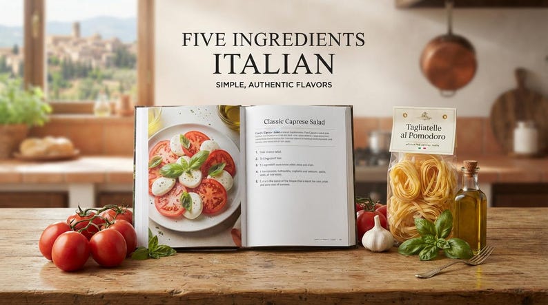 May include: A cookbook titled FIVE INGREDIENTS ITALIAN SIMPLE, AUTHENTIC FLAVORS is open to a page showing a Caprese salad. Beside it sits a package of Tagliatelle al Pomodoro, fresh red tomatoes, a head of garlic, basil, and a bottle of olive oil.