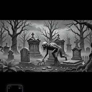 May include: A black and white illustration of a skeletal, hunched creature with sharp claws standing in a foggy graveyard. The scene features weathered tombstones, stone crosses, and bare, twisted trees under a dark, overcast sky.