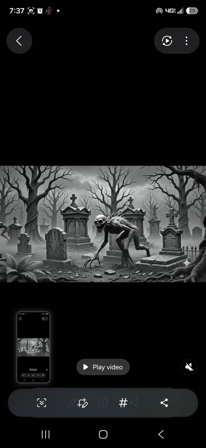 May include: A black and white illustration of a skeletal, hunched creature with sharp claws standing in a foggy graveyard. The scene features weathered tombstones, stone crosses, and bare, twisted trees under a dark, overcast sky.