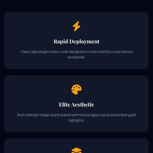 May include: A dark blue infographic titled Engineered For Results, featuring three sections with orange icons: Rapid Deployment with a lightning bolt, Elite Aesthetic with a paint palette, and Infinite Scale with stacked layers, each including descriptive text.