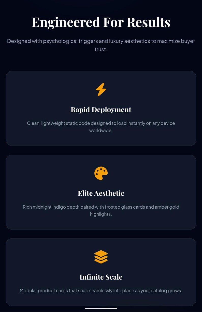May include: A dark blue infographic titled Engineered For Results, featuring three sections with orange icons: Rapid Deployment with a lightning bolt, Elite Aesthetic with a paint palette, and Infinite Scale with stacked layers, each including descriptive text.