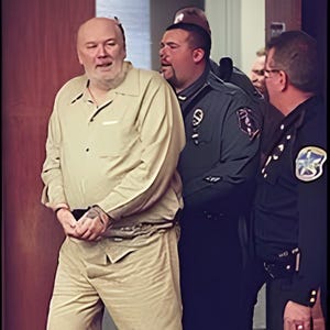 May include: A man in a beige shirt and trousers is escorted by police officers. The officers are wearing dark uniforms with badges. The man appears to be in custody, with his hands clasped in front of him.