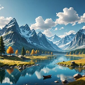 May include: A scenic landscape with snow-capped mountains, a tranquil lake, and a small boat floating on the water. The mountains are reflected in the lake, creating a mirror-like effect. The trees are a mix of green and yellow, indicating the changing seasons. The sky is a bright blue with fluffy white clouds.