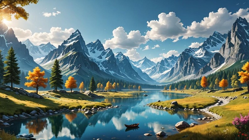 May include: A scenic landscape with snow-capped mountains, a tranquil lake, and a small boat floating on the water. The mountains are reflected in the lake, creating a mirror-like effect. The trees are a mix of green and yellow, indicating the changing seasons. The sky is a bright blue with fluffy white clouds.
