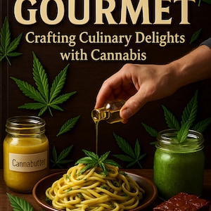 May include: A cookbook cover titled "GREEN GOURMET" with the subtitle "Crafting Culinary Delights with Cannabis." The image features a hand pouring oil over pasta, alongside jars of cannabutter and a green smoothie, plus a brownie.