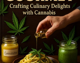 Könnte beinhalten: Ein Kochbuchcover mit dem Titel "GREEN GOURMET" und dem Untertitel "Crafting Culinary Delights with Cannabis". Das Bild zeigt eine Hand, die Öl über Nudeln gießt, zusammen mit Gläsern mit Cannabutter und einem grünen Smoothie sowie einem Brownie.