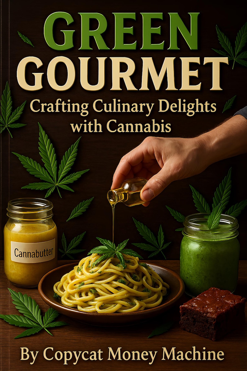 May include: A cookbook cover titled "GREEN GOURMET" with the subtitle "Crafting Culinary Delights with Cannabis." The image features a hand pouring oil over pasta, alongside jars of cannabutter and a green smoothie, plus a brownie.