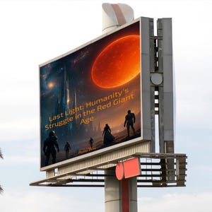 May include: A large billboard displays a sci-fi image of a red planet and futuristic city. The text reads "Last Light: Humanity's Struggle in the Red Giant Age." Silhouetted figures stand in the foreground. The billboard is mounted on a metal structure.