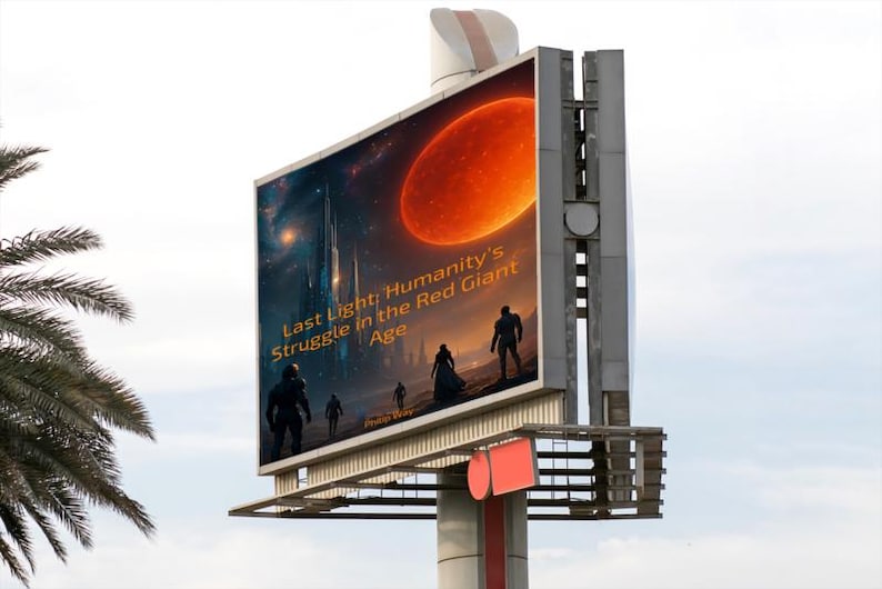 May include: A large billboard displays a sci-fi image of a red planet and futuristic city. The text reads "Last Light: Humanity's Struggle in the Red Giant Age." Silhouetted figures stand in the foreground. The billboard is mounted on a metal structure.