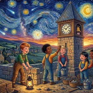 Puede incluir: Una colorida ilustraci&oacute;n de cinco ni&ntilde;os con petos construyendo una torre de reloj de piedra bajo un cielo estrellado y giratorio. La escena incluye un farol brillante, tablones de madera, cubos de piedras y una pala en un paisaje rural.