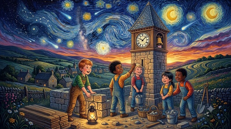 Puede incluir: Una colorida ilustraci&oacute;n de cinco ni&ntilde;os con petos construyendo una torre de reloj de piedra bajo un cielo estrellado y giratorio. La escena incluye un farol brillante, tablones de madera, cubos de piedras y una pala en un paisaje rural.