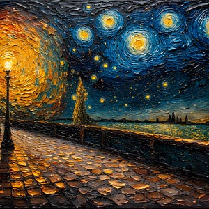 Op de afbeelding: Impasto olieverfschilderij dat een nachtsc&egrave;ne weergeeft met een geplaveid pad, een lantaarnpaal en een sterrenhemel. Het kunstwerk heeft een levendig kleurenpalet van blauw, geel en oranje, met zichtbare penseelstreken die textuur en diepte cre&euml;ren.
