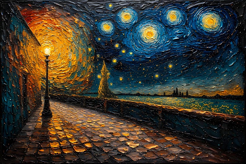 Op de afbeelding: Impasto olieverfschilderij dat een nachtsc&egrave;ne weergeeft met een geplaveid pad, een lantaarnpaal en een sterrenhemel. Het kunstwerk heeft een levendig kleurenpalet van blauw, geel en oranje, met zichtbare penseelstreken die textuur en diepte cre&euml;ren.
