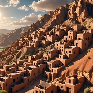 May include: A village of terracotta-colored buildings built into a steep, rocky hillside. The buildings are clustered together, with some appearing to be stacked on top of each other. The sky is a bright blue with fluffy white clouds.