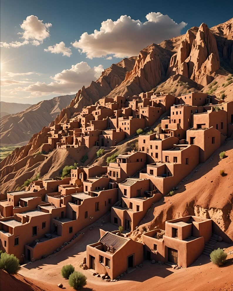 May include: A village of terracotta-colored buildings built into a steep, rocky hillside. The buildings are clustered together, with some appearing to be stacked on top of each other. The sky is a bright blue with fluffy white clouds.