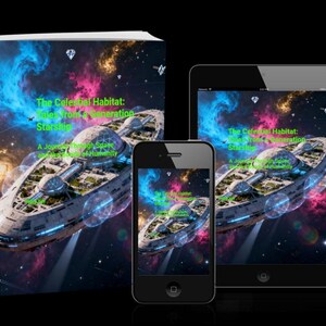 Op de afbeelding: Een boek, smartphone en tablet tonen de cover van "The Celestial Habitat: Tales From a Generation Starship". De cover toont een futuristisch ruimteschip met een koepel, tegen een achtergrond van wervelende blauwe, roze en paarse nevels.