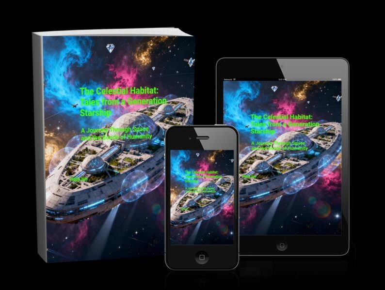 Op de afbeelding: Een boek, smartphone en tablet tonen de cover van "The Celestial Habitat: Tales From a Generation Starship". De cover toont een futuristisch ruimteschip met een koepel, tegen een achtergrond van wervelende blauwe, roze en paarse nevels.