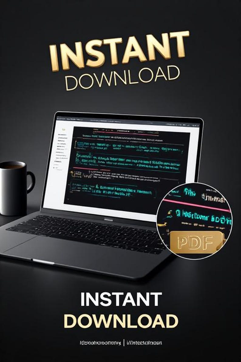 May include: A laptop with a black keyboard and screen displays code. A black mug sits to the left. The words "INSTANT DOWNLOAD" are in gold letters above and below the laptop. A PDF icon is visible.