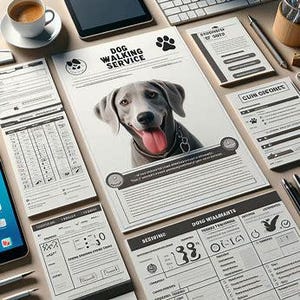 May include: A dog walking service advertisement featuring a Weimaraner dog with a happy expression. The advertisement includes the text "Dog Walking Service" and various forms and documents, along with a cup of coffee and a tablet.