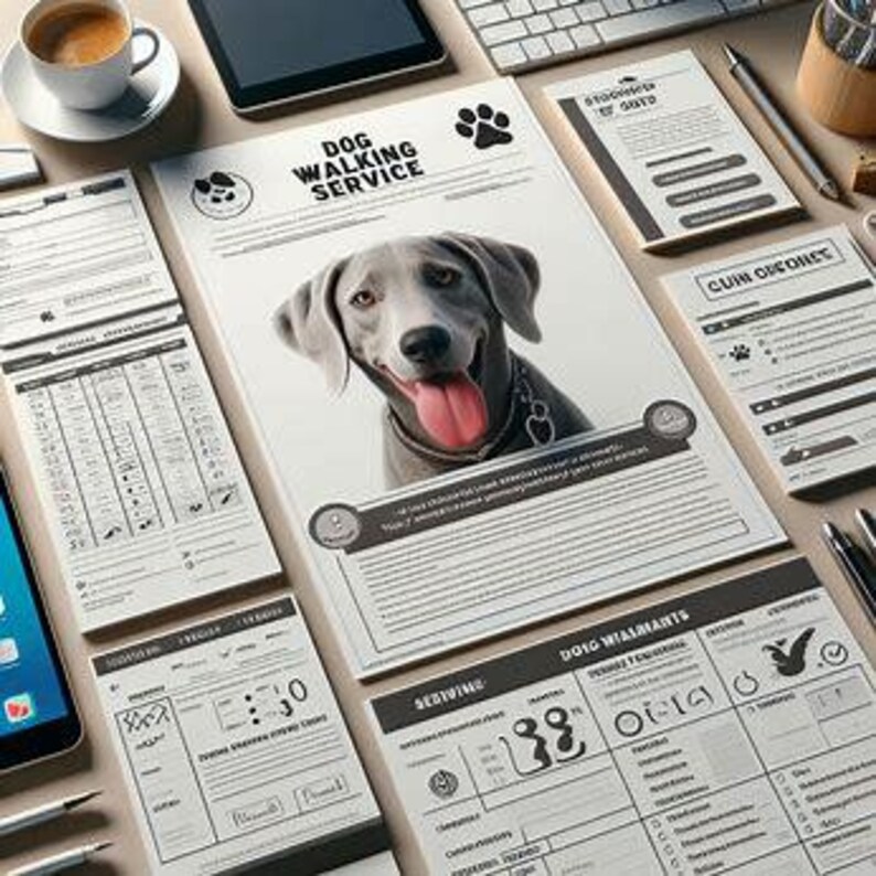 May include: A dog walking service advertisement featuring a Weimaraner dog with a happy expression. The advertisement includes the text "Dog Walking Service" and various forms and documents, along with a cup of coffee and a tablet.