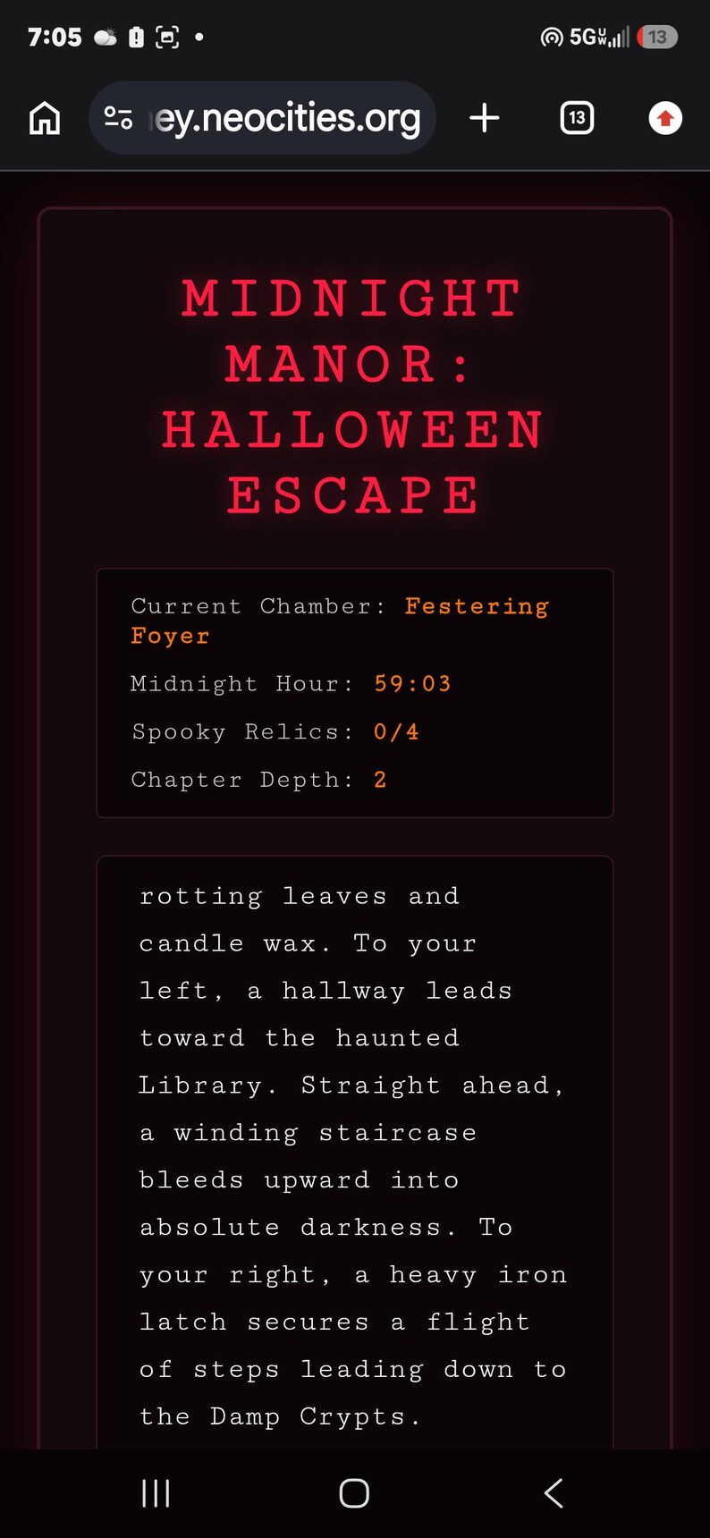 May include: A digital interface for Midnight Manor: Halloween Escape. The screen displays game status including Current Chamber: Festering Foyer, Midnight Hour: 59:03, Spooky Relics: 0/4, and Chapter Depth: 2, followed by a text-based narrative description.