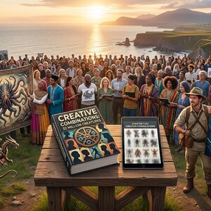 May include: A large book titled Creative Combinations: 32 Million Creatures and a tablet displaying Creative Formulations sit on a wooden table. A crowd gathers outdoors with artwork featuring an octopus, an astronaut, and a green alien.