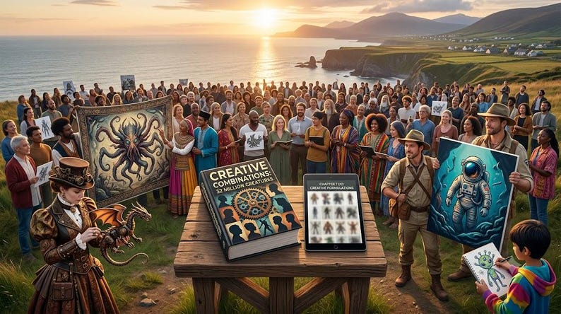 May include: A large book titled Creative Combinations: 32 Million Creatures and a tablet displaying Creative Formulations sit on a wooden table. A crowd gathers outdoors with artwork featuring an octopus, an astronaut, and a green alien.