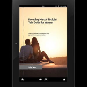 May include: A black tablet displays the cover of a book titled "Decoding Men: A Straight Talk Guide for Women." The cover features a couple silhouetted against a sunset. The author's name, Philip Way, is also visible.