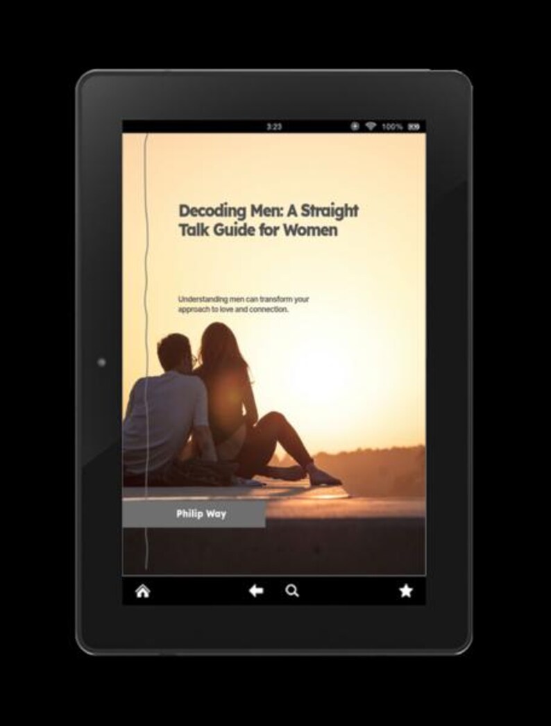 May include: A black tablet displays the cover of a book titled "Decoding Men: A Straight Talk Guide for Women." The cover features a couple silhouetted against a sunset. The author's name, Philip Way, is also visible.