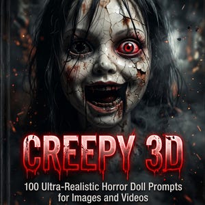 Op de afbeelding: Een boekomslag met de titel CREEPY 3D, 100 Ultra-Realistic Horror Doll Prompts for Images and Videos By Creepy 3D. De omslag toont een gebarsten, bleek poppengezicht met &eacute;&eacute;n donker oog en &eacute;&eacute;n gloeiend rood oog tegen een donkere achtergrond.