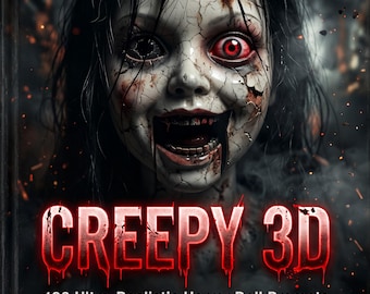 May include: A book cover titled CREEPY 3D, 100 Ultra-Realistic Horror Doll Prompts for Images and Videos By Creepy 3D. The cover features a cracked, pale doll face with one dark eye and one glowing red eye, set against a dark, smoky background.