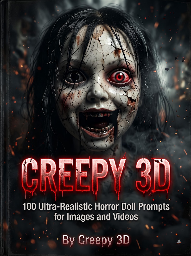 Op de afbeelding: Een boekomslag met de titel CREEPY 3D, 100 Ultra-Realistic Horror Doll Prompts for Images and Videos By Creepy 3D. De omslag toont een gebarsten, bleek poppengezicht met &eacute;&eacute;n donker oog en &eacute;&eacute;n gloeiend rood oog tegen een donkere achtergrond.