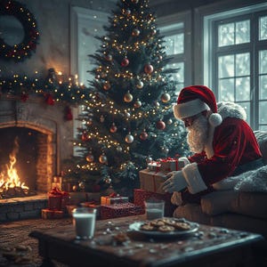 May include: A festive Christmas scene with a decorated tree, ornaments, and twinkling lights. Santa Claus, in a red suit and white beard, is arranging wrapped gifts. A fireplace with a burning fire, cookies, and milk complete the holiday setting.