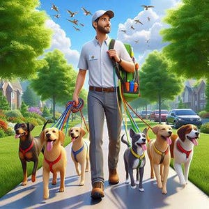 May include: A man walks six dogs on a sunny day. The dogs are on leashes of various colors. The man wears a light blue shirt, gray pants, and a backpack. The dogs are a mix of breeds, including golden retrievers and a black and white dog.