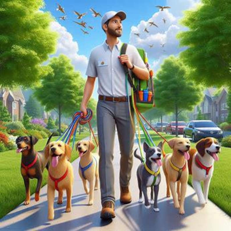 May include: A man walks six dogs on a sunny day. The dogs are on leashes of various colors. The man wears a light blue shirt, gray pants, and a backpack. The dogs are a mix of breeds, including golden retrievers and a black and white dog.