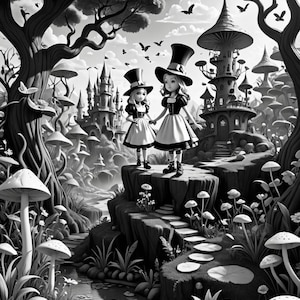 K&ouml;nnte beinhalten: Zwei M&auml;dchen in schwarz-wei&szlig;en Kleidern und hohen H&uuml;ten stehen auf einem felsigen Weg in einer fantasievollen Waldlandschaft. Der Wald ist voller Pilze und B&auml;ume, und im Hintergrund sind ein Schloss und ein Turm zu sehen.