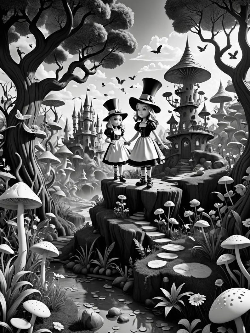 K&ouml;nnte beinhalten: Zwei M&auml;dchen in schwarz-wei&szlig;en Kleidern und hohen H&uuml;ten stehen auf einem felsigen Weg in einer fantasievollen Waldlandschaft. Der Wald ist voller Pilze und B&auml;ume, und im Hintergrund sind ein Schloss und ein Turm zu sehen.